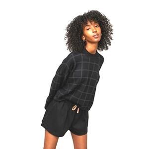 Lunya Cozy Cotton Silk Pullover Sweater Plaid Grid Black Grey Size M NWOT